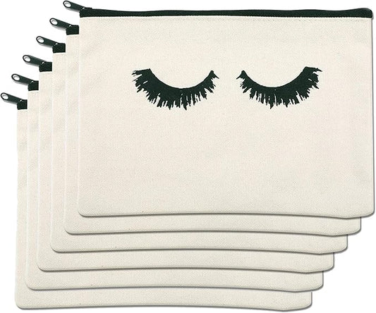 PHOGARY 6PCS Canvas Makeup Pouch, Cosmetic Bag Bulk Travel Make Up Pouch Toiletry Case with Zippered Pocket for Women (Eyelash Pattern) Cream