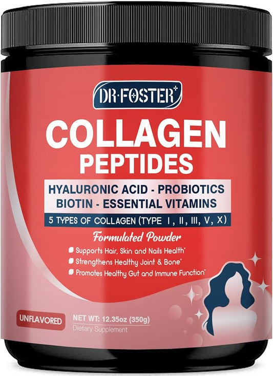 Collagen-Peptides-Powder with Probiotics - 5 Types of Hydrolyzed Collagen Peptides with Hyaluronic Acid, Biotin & Multivitamins - Skin, Hair, Joint & Gut Support - 35 Servings