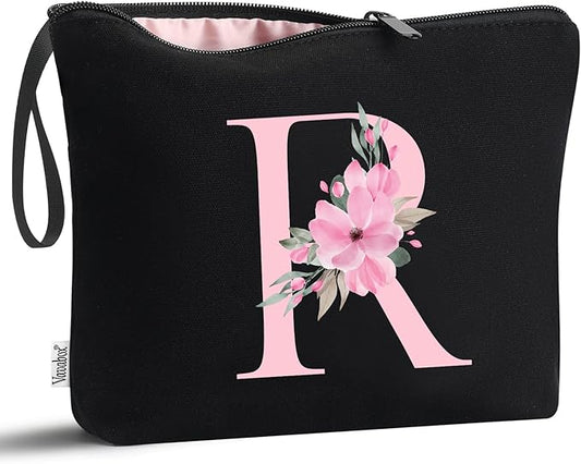 Vavabox A-Z Personalized Makeup Bag, Birthday Gifts for Women Mom, Gifts for Best Friend, Bride Bridesmaid Cosmetic bag (R, Black)