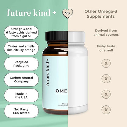 Future Kind Vegan Omega 3 Supplement (2 Month Supply) - Glass Bottle & Carrageenan-Free Algae Omega 3 Supplements for Joint, & Mood Support - DHA EPA Supplements for Kids & Adults