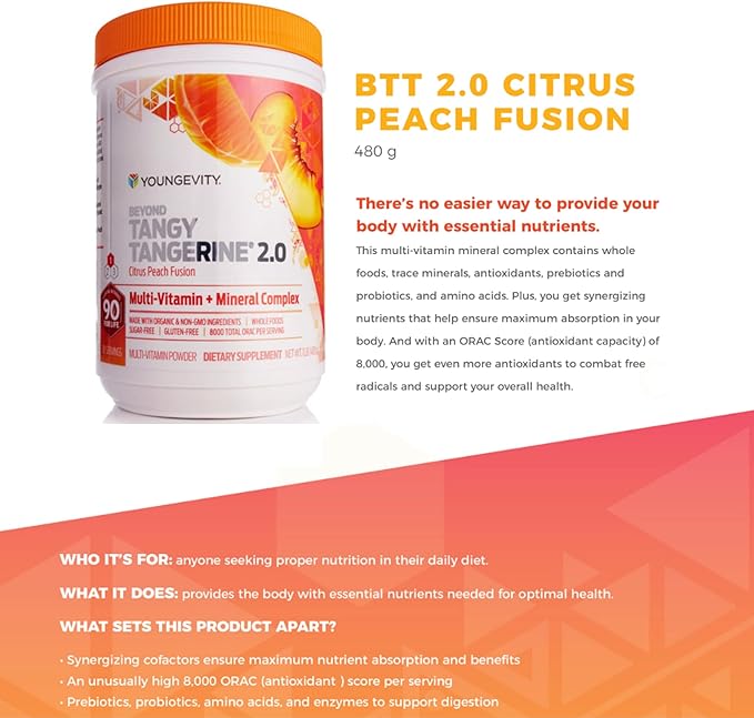 Youngevity Beyond Tangy Tangerine 2.0 Citrus Peach Ultimate Multi-Vitamin & Mineral Complex - Made with Natural & Whole Foods | 8,000 ORAC | 2 Canisters