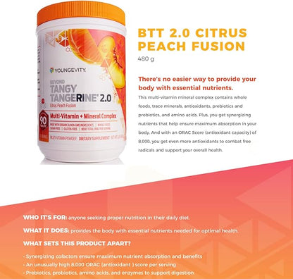 Youngevity Beyond Tangy Tangerine 2.0 Citrus Peach Ultimate Multi-Vitamin & Mineral Complex - Made with Natural & Whole Foods | 8,000 ORAC | 2 Canisters