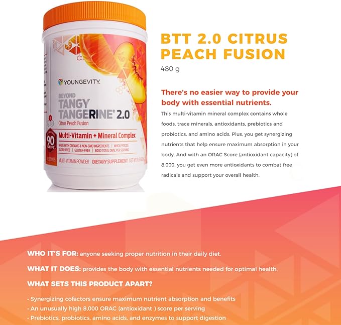 Youngevity Beyond Tangy Tangerine 2.0 Citrus Peach Fusion Multi-Vitamin & Mineral Complex - Made with Natural & Whole Foods | 8,000 ORAC