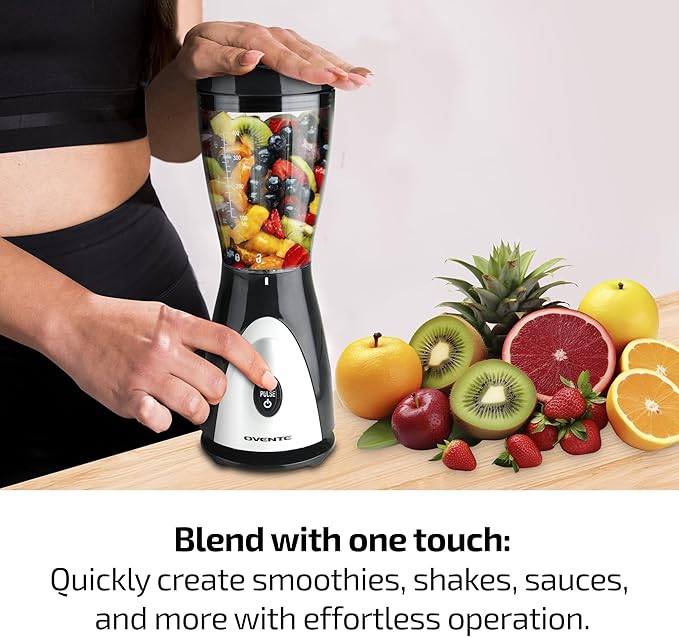 OVENTE Portable Personal Blender for Shakes, Smoothies or Frozen Drinks with 13.5 Oz BPA Free Travel Cup and Lid, Durable Stainless Steel Blades for Powerful Blending Performance, Black BLH1001B