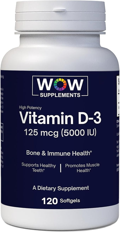 WOW Supplements Vitamin D3 5000 IU Softgels, 125 mcg - Vitamin D3 5000IU Supplement for Strong Bones and Immune Support - Non-GMO, Gluten Free Vitamin D 5000 IU - VIT D3 5000 IU Softgels - 120 Count