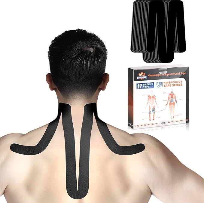 Kinesiology Tape for Shoulder&Neck, 12 Count Shoulder&Neck Tape Precut, KTQUICK Original Cotton Waterproof & Breathable, Enhance Elastic Kinesiology Athletic Tape for Shoulder&Neck Support (Black)