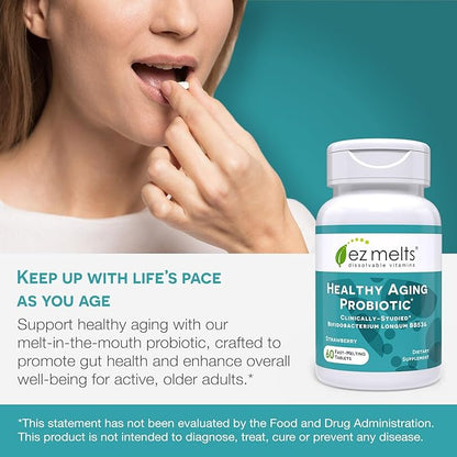 EZ Melts Dissolvable Healthy Aging Probiotic, Bifidobacterium Longum BB536 (2 Billion CFU), Sugar-Free, Probiotics for Women & Men 50+, 2-Month Supply