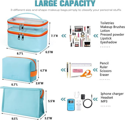 FITINI 3 Pieces Makeup Bags Double Layer Travel Large Cosmetic Cases Organizer Toiletry Bags Waterproof Small Zipper Pouch for Women Makeup Brush Storage Bag,Light Blue