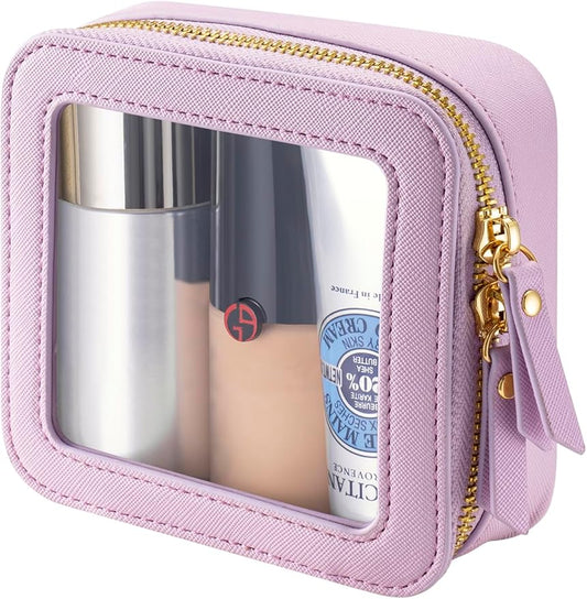 Mini Makeup Bag for Purse - Clear Travel Leather Toiletry Bag with Zipper - Car Organizer Bag - Small Waterproof Cosmetic Organizer Case for On-the-Go Essentials（Pink Purple）