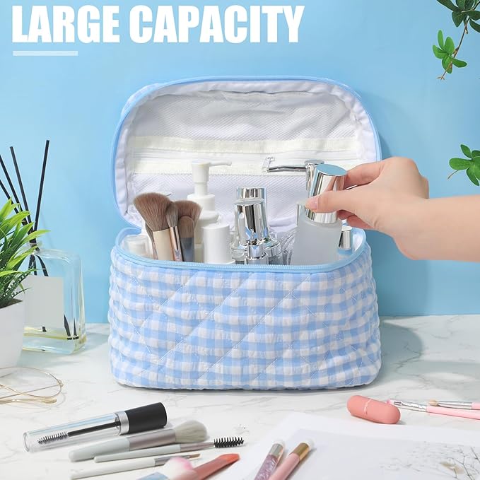 Paterr 3 Pieces Cotton Quilted Makeup Bag Set Coquette Cosmetic Bag Aesthetic Travel Toiletry pouch Cute Pouch Kawaii Aesthetic for Women(Blue,White and Blue Plaid)