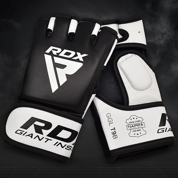 RDX MMA Gloves for Martial Arts Grappling Sparring Training, Cowhide Leather Open Palm and Wrist Strap, Padded Mitts for Muay Thai, Punching Bag, Speedball Workout Kickboxing Cage Fighting