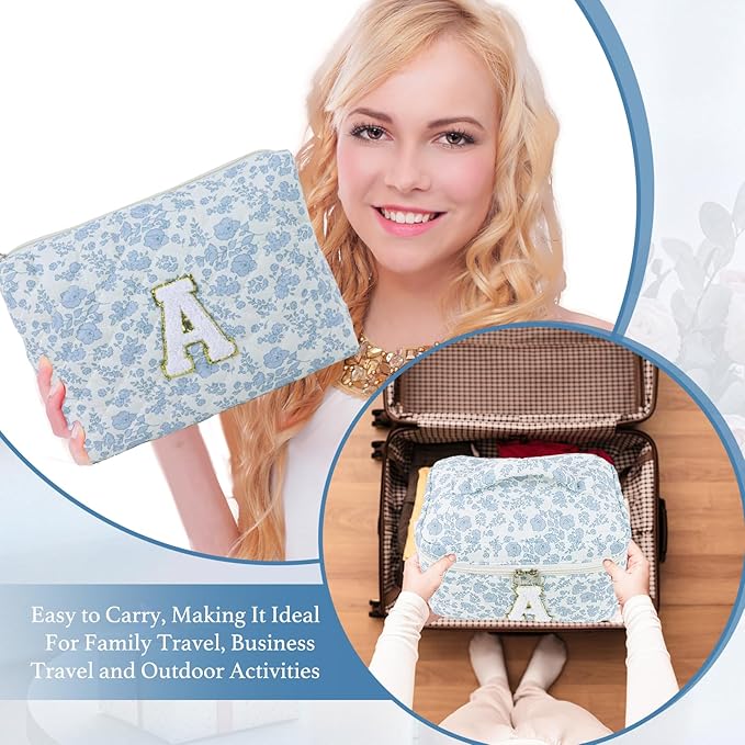 3 Pcs Travel Initial Quilted Makeup Bag set, Toiletry Personalized Floral Makeup Bag Birthday Gifts for teens girls and women, Cosmetic bags makeup organizer bag set-K