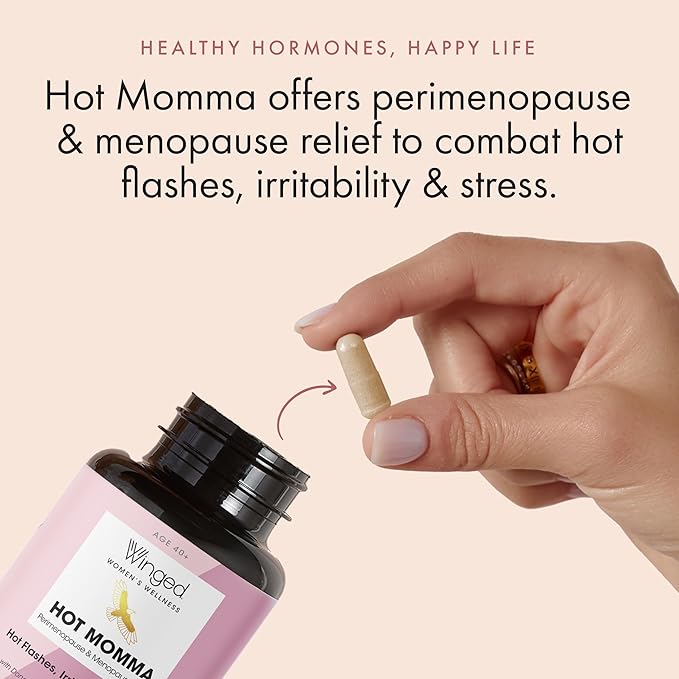 Winged Wellness Hot Momma | Menopause Capsules for Women | Hormone Balance, Hot Flashes, Night Sweats, Sleep, Mood & Bone Health | Chaste Tree, Dong Quai, Black Cohosh, Vitamins D & K-2 | 60ct