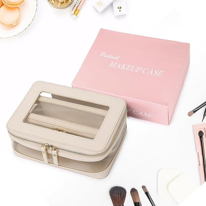 Travel Clear Makeup Bag with Brush Case TSA Approved Toiletry Bag Waterproof Cosmetic Organizer Car Essential for Women (Beige, M+SLIM)