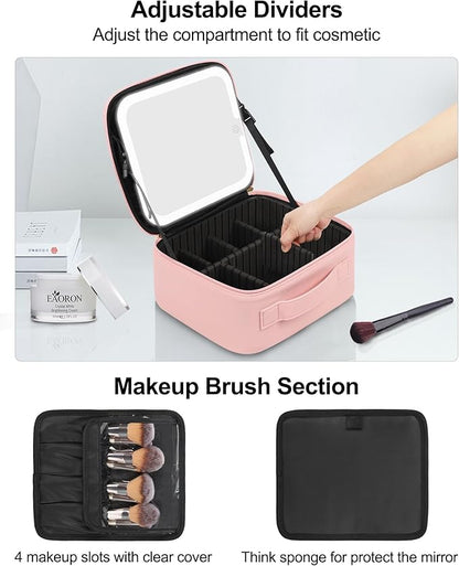 Chomeiu Makeup Bag with LED Mirror, Cute Cosmetic Bags Birthday Gifts for Girls Women, Makeup Train Case Artists Organizer Large Make Up Bags with Light Up Mirror 3 Color Lights, Pink