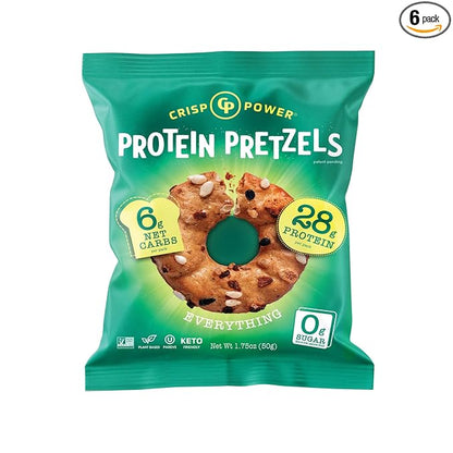 Crisp Power High Protein Pretzel Crisps - 6 Pack x 1.75 oz Crunchy & Flavorful Plant-Based Snack. No Sugar, 28g Protein Per Pack in 3 Savory Flavors, Vegan, Keto Friendly, Non-GMO, Kosher Non-Dairy (1.75 Ounce (Pack of 6), Everything)