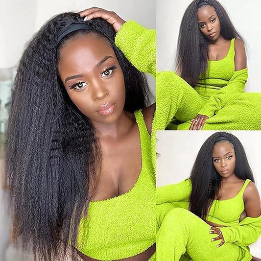 Headband Wigs Human Hair 180% Density 12A Kinky Straight Human Hair Headband Wigs For Black Women Yaki Straight Human Hair Wigs With Headband Attached Half Wig Natural Black Color 22 Inch