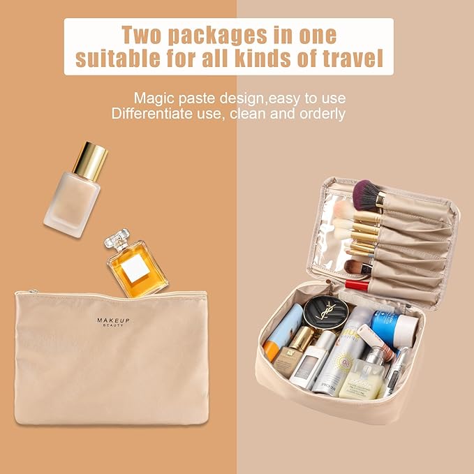 Travel Makeup Bag Cosmetic Bag Makeup Bag Toiletry bag for women and men (Beige)