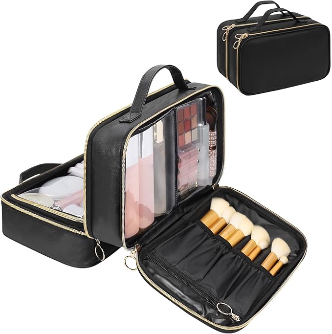 OCHEAL Travel Toiletry Bag, Double Layer Clear Makeup Bag Organizer Large Capacity Cosmetic Bag for Traveling Women Beauty Essentials, Multiple Compartments Makeup Case- Black