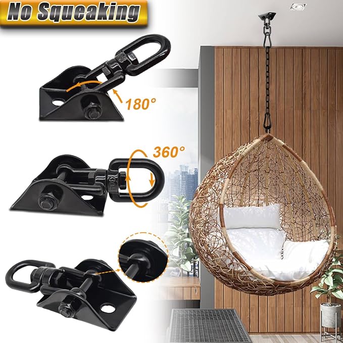 Hammock Hanging Kit, Hanging Chair Hardware 360° Swivel 1200 lb Capacity, Porch Swing Mounting Hardware, Hammock Chair Hanging Kit for Boxing Bag, Tree Gym (Black)