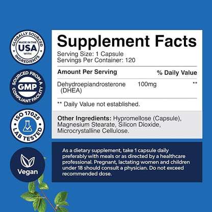 DHEA 100mg for Men and Women - Vegan High Strength DHEA Supplement for Women & Men for Enhanced Energy and Hormone Balance for Women & Men - Men and Womens Hormone Balance Supplement (4 Month Supply)