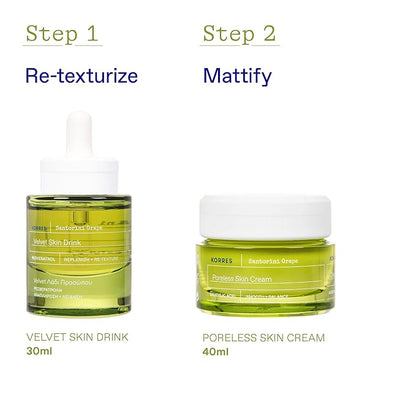 KORRES Santorini Grape Duo Regimen Set, Velvet Skin Drink Face Oil & Poreless Skin Cream, Smooth & Hydrate Skin, Refine Pores & Texture, Resveratrol & Salicylic Acid, Vegan, Full Size, 30ml + 40ml
