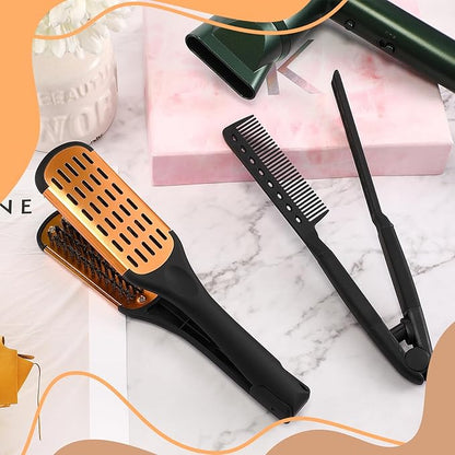 CHENGU 2 Pcs Hair Straightening Combs, Boar Bristles Clamp Double Sided Brush & V Shaped Styling Hair Comb, For Straightening Knotty Unkempt Hair (Gold, Black)
