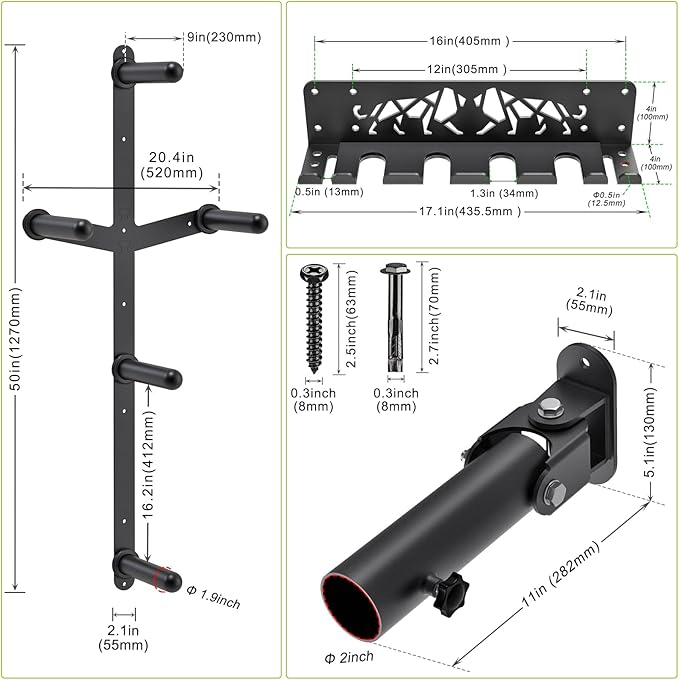 Kipika Gym Organizer Set Wall Mounted Weight Plate Storage Rack Barbell Storage Rack with T-Bar Row Landmine Platform Attachment Durable Steel Construction Easy Installation