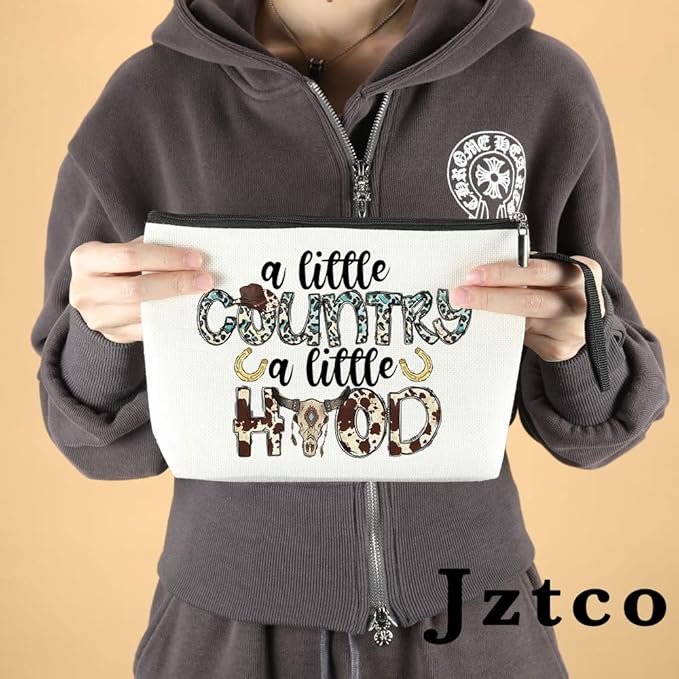Jztco Country Music Country Girl Gifts Makeup Bag Cowgirl Gift for Women Girls Handbag Friendship Christmas Birthday Gifts for Women Her Daughter Girls - A Little Country A Little Hood