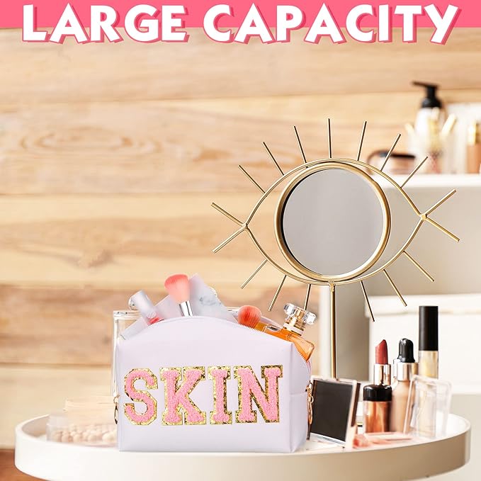 Sanwuta 4 Pcs Hair Face Skin Travel Bag Set Preppy Makeup Pouch PU Leather Skincare Bag Waterproof Cosmetic Organizer Birthday Christmas Gifts(White, Pink, Beige,Fresh Style)
