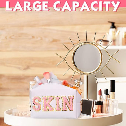 Sanwuta 4 Pcs Hair Face Skin Travel Bag Set Preppy Makeup Pouch PU Leather Skincare Bag Waterproof Cosmetic Organizer Birthday Christmas Gifts(White, Pink, Beige,Fresh Style)