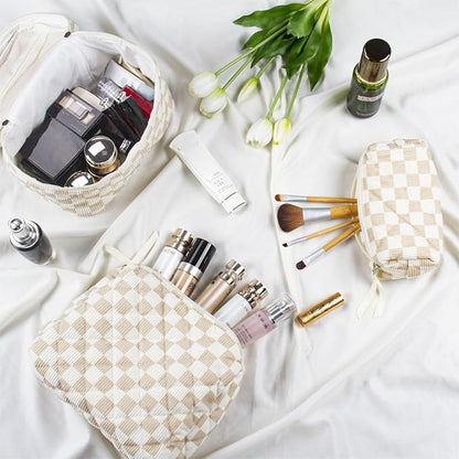 Quilted Makeup Bag Set, 3Pcs Large Checkered Corduroy Cosmetic Bags, Cute Coquette Makeup Bag Toiletry Zipper Pouch Bag for Women and Girls Checkered