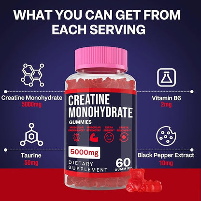 Creatine Monohydrate Gummies for Women & Men, Taurine & B6, Chewable Creatine Pre Workout Gummies for Max Strength & Muscle Growth, Energy, Endurance, Creatine for Men & Women, 5g Per Serving - 1 Pack