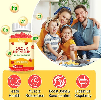 2 Pack Calcium Gummies with Magnesium, Zinc, Vitamin D3 & B12, Calcium Supplements for Women Men, Support Bone, Muscle and Immunity, 120 Vegan Raspberry Flavor Gummies
