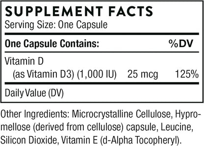 THORNE Vitamin D3 Supplement - Supports Healthy Bones, Teeth Muscles, Cardiovascular, and Immune Function - Gluten-Free, Dairy-Free, Soy-Free - 1,000 IU - 90 Capsules