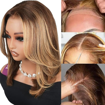 Ombre Lace Front Wig Human Hair stright 9x6 Short Bob Glueless Wigs Human Hair Pre Plucked Pre Cut 200% Density Blonde Highlight wigs For women 8Inch（#4/27 Piano Colored）