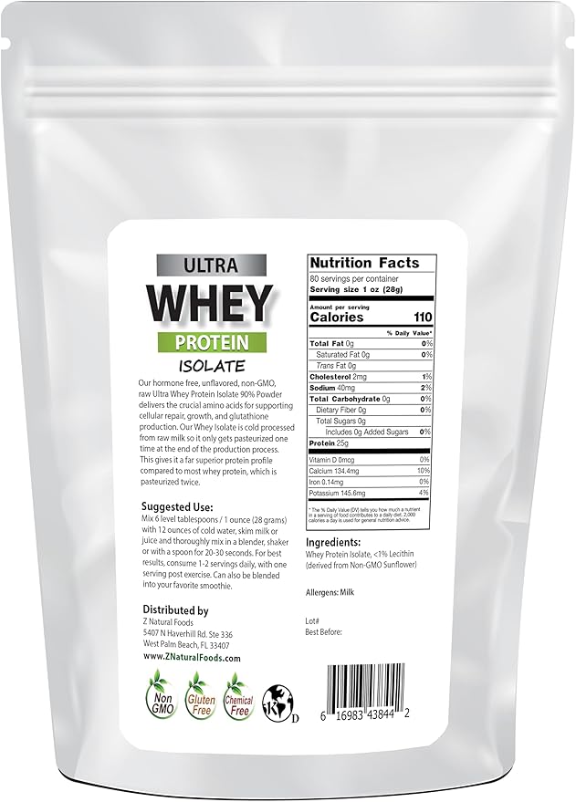 Z Natural Foods Ultra Whey Protein Isolate Powder - Pure, Unflavored, Unsweetened Whey Protein Powder - Flavorless Whey Isolate with Vital Proteins for Fitness, Sports Nutrition, Immune Support, 5 lb