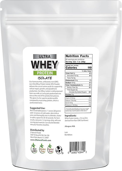 Z Natural Foods Ultra Whey Protein Isolate Powder - Pure, Unflavored, Unsweetened Whey Protein Powder - Flavorless Whey Isolate with Vital Proteins for Fitness, Sports Nutrition, Immune Support, 5 lb