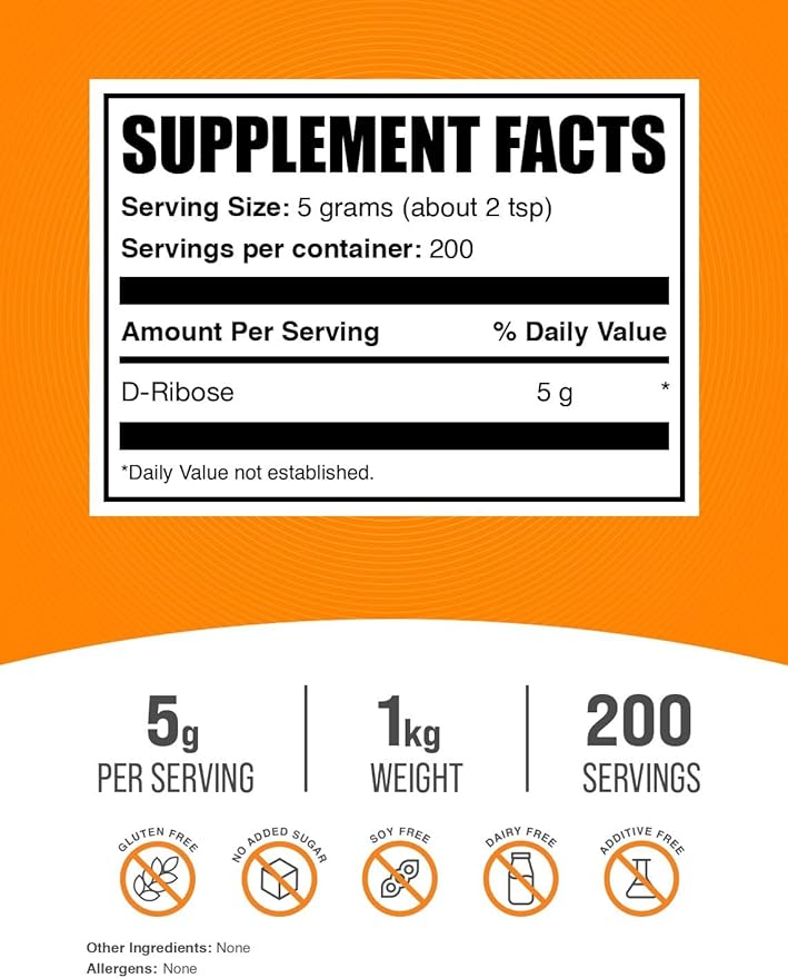 BulkSupplements.com D-Ribose Powder - D-Ribose Supplement, Ribose 5000mg, for Energy Support - Unflavored & Gluten Free, 5000mg per Serving, 1kg (2.2 lbs) (Pack of 1)