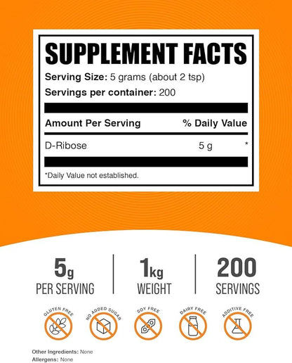 BulkSupplements.com D-Ribose Powder - D-Ribose Supplement, Ribose 5000mg, for Energy Support - Unflavored & Gluten Free, 5000mg per Serving, 1kg (2.2 lbs) (Pack of 1)