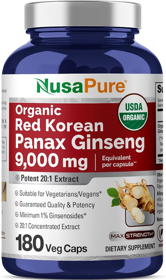 NusaPure Red Korean Panax Ginseng 9,000mg 180 Veggie Caps (USDA Organic, Non-GMO, Extract 20:1)