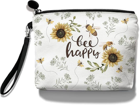 Hglian Bee Makeup Bag Inspirational Cosmetic Toiletry Organizer Bags Cute Sunflower Zipper Pouch for Purse Birthday Gifts for Women Girls-Bee Happy