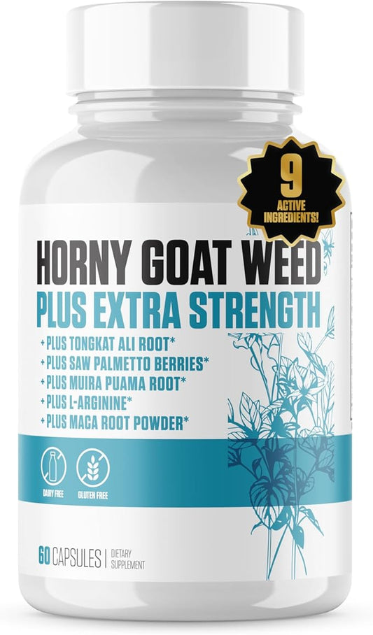 Horny Goat Weed Plus Extra Strength | #1 Rated Horny Goat Weed Supplement Pills w/Tongkat Ali, Maca Root, L-Arginine + 5 More | Increase Drive, Stamina, Blood Flow & Mood for Men - 60 Capsules