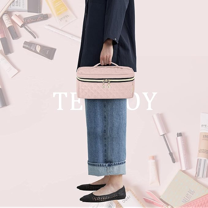 Teamoy Travel Makeup Brush Case, Makeup Train Organizer Bag with Handle for Makeup Brushes(up to 9-inch) and Essentials, Medium, Misty Rose(BAG ONLY)