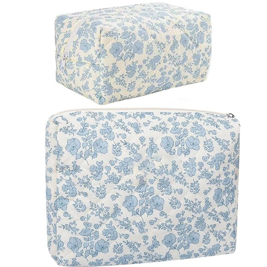 FITINI 2 Pcs Makeup Bag Large Cosmetic Bags Portable Travel Toiletry Case Organizer Cute Small Brushes Storage Pouch with Zipper for Women Purse,Quilting Blue Flower