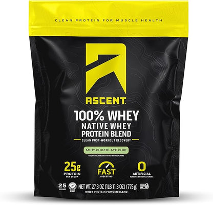 Ascent 100% Whey Protein Powder - Post Workout Whey Protein Isolate, Zero Artificial Flavors & Sweeteners, Gluten Free, 5.5g BCAA, 2.6g Leucine, Essential Amino Acids, Mint Chip 1.7 lb