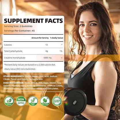 Creatine Monohydrate Gummies 5000mg for Men & Women, Chewables Creatine Monohydrate for Muscle Strength, Muscle Builder, Energy Boost, Pre-Workout Supplement(90 Count)-Pineapple-2pack.