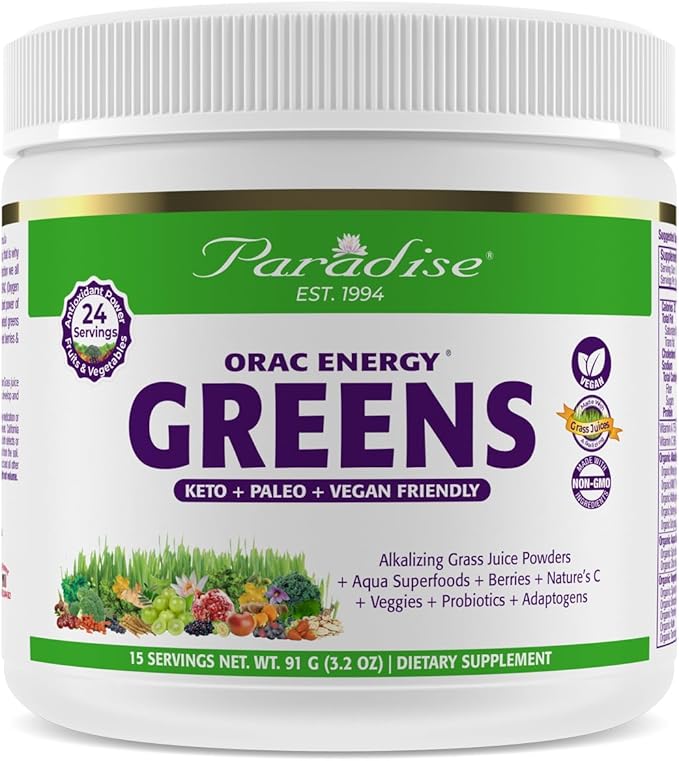 Paradise Herbs, ORAC Energy Greens Powder, Antioxidant Power of 24 Servings of Fruits & Vegetables in 1 Scoop, 15 Servings