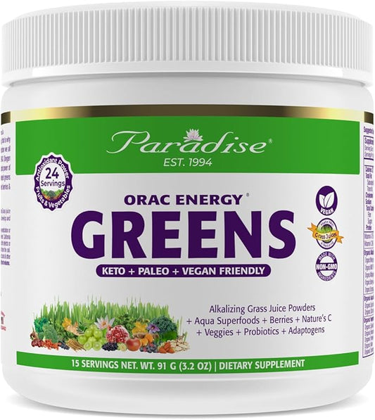 Paradise Herbs, ORAC Energy Greens Powder, Antioxidant Power of 24 Servings of Fruits & Vegetables in 1 Scoop, 15 Servings
