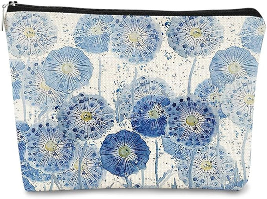 Cottagecore Floral Makeup Organizer - Indigo Watercolor Dandelion, Aesthetic Flower Makeup Bag for Women & Girls